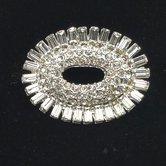 Oval Shape Baguette Rhinestone Brooch Silver Vintage Cluster Pin 1950s - Picture 1 of 10